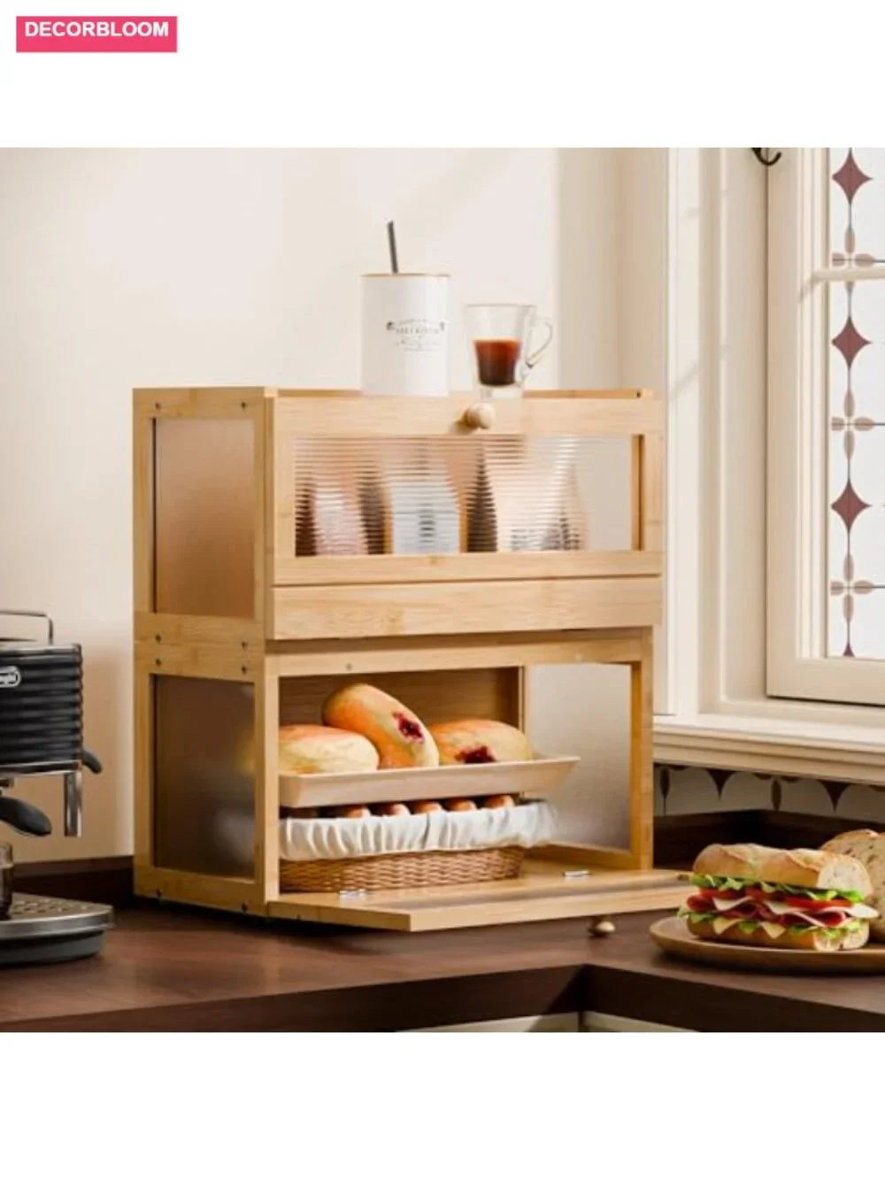 Stackable 2-Tier Bamboo Bread Box with Acrylic Window, Airtight Storage for